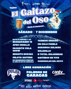 “El Gaitazo del Oso”, que estará bajo la producción de Qubix Productions (@quibidxproductions), Oz Show (@ozshows) y con el sello Peluche Producciones (@pelucheproducciones), reunirá en la misma tarima a: Betulio Medina y su Maracaibo 15, Afro Criollo, Pajarito Vola Show, Neguito Borjas, Pelota Gaitera, Tambor Urbano,