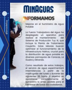 Hidrocapital anuncia trabajos de mantenimiento en el Sistema Tuy III: comunidades de tres estados estarán temporalmente sin agua