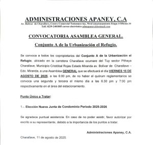 Convocatoria Asamblea General, Conjunto A, Urbanización EL REFUGIO