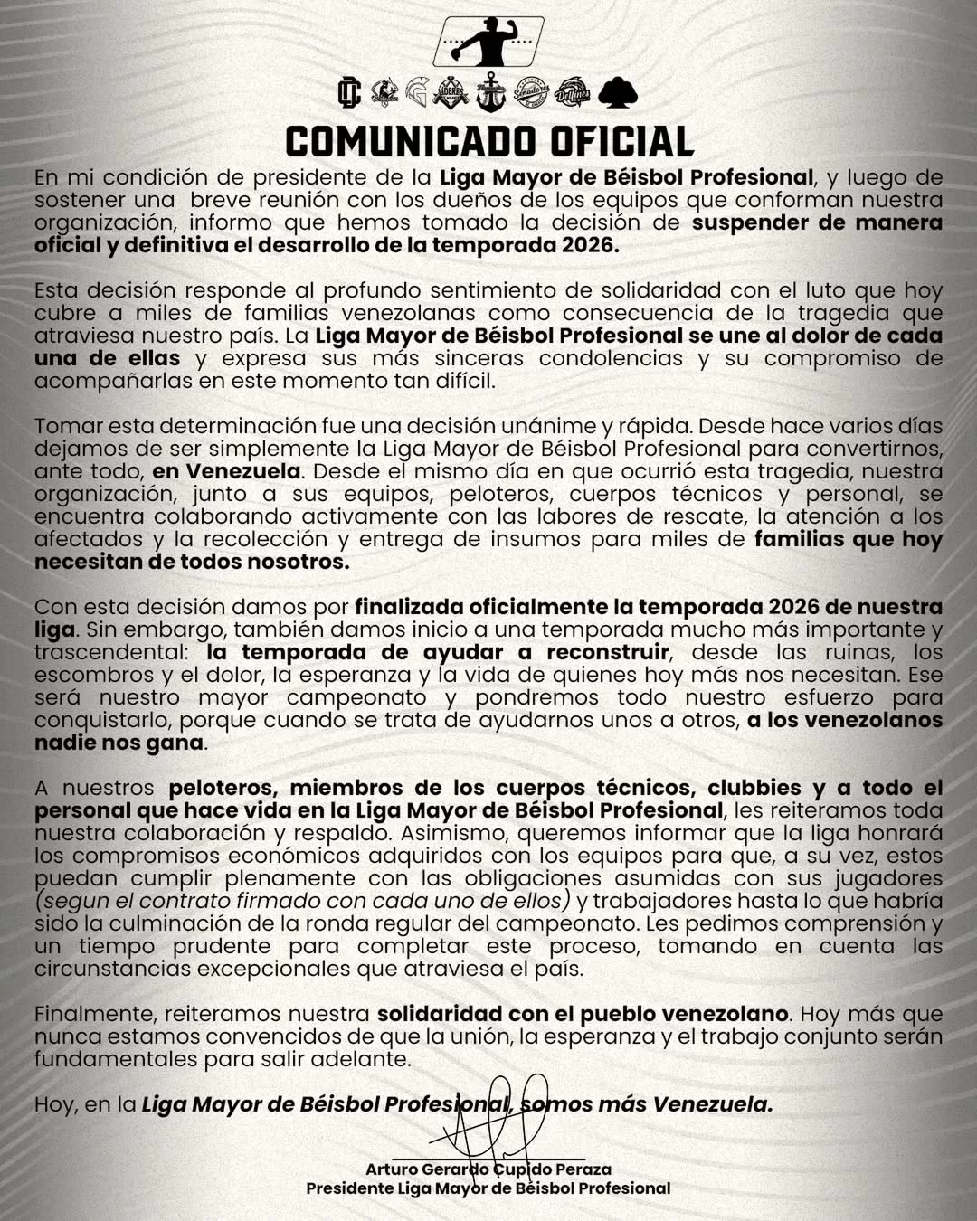 Comunicado de la Liga Mayor de Beisbol Profesional