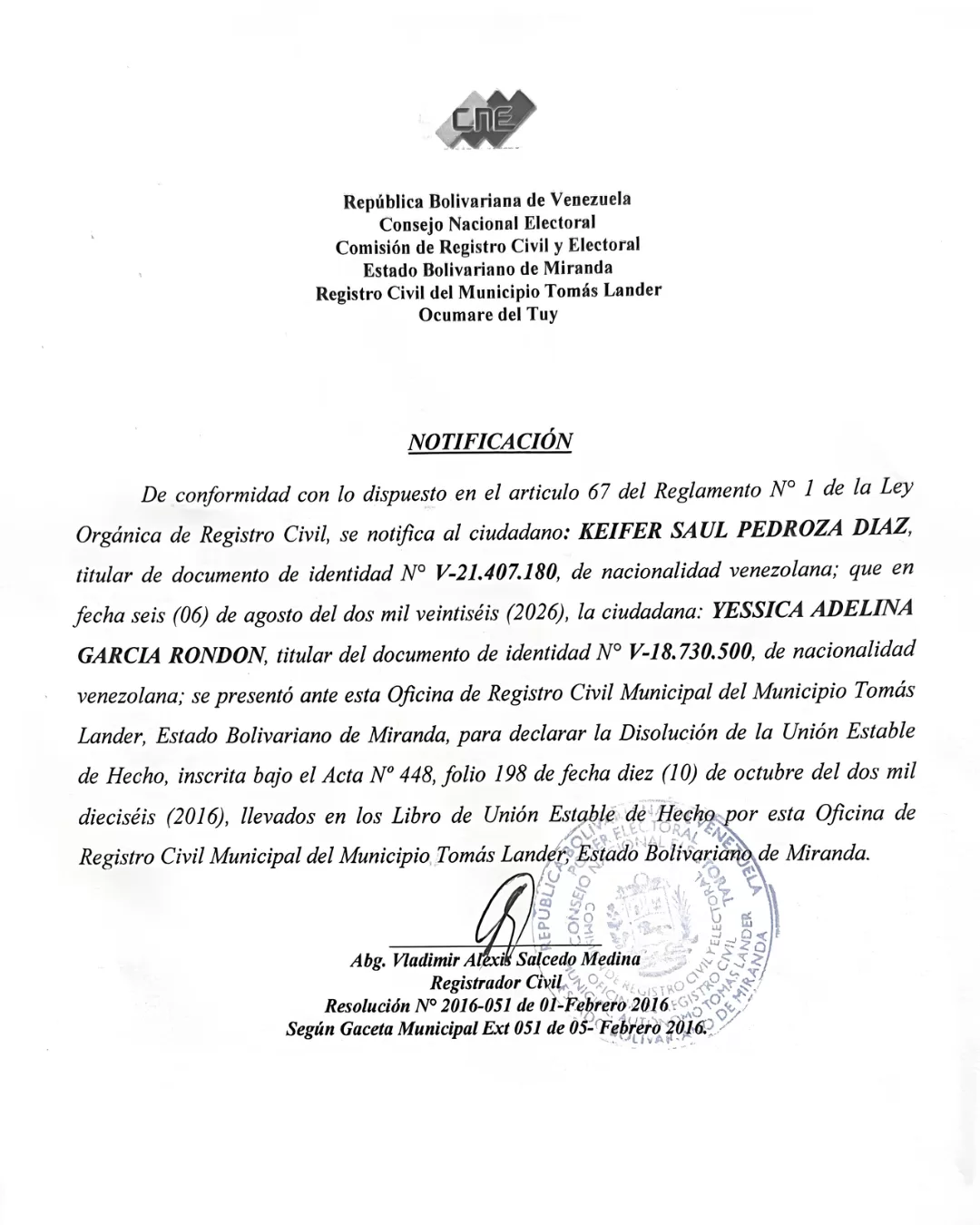 Notificación a KEIFER SAÚL PEDROZA DÍAZ por Declaración de Disolución de Unión Estable de Hecho