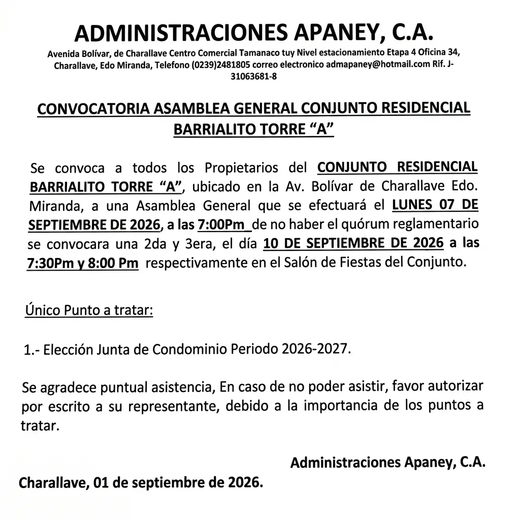 CONVOCATORIA ASAMBLEA GENERAL CONJUNTO RESIDENCIAL BARRIALITO "TORRE A"