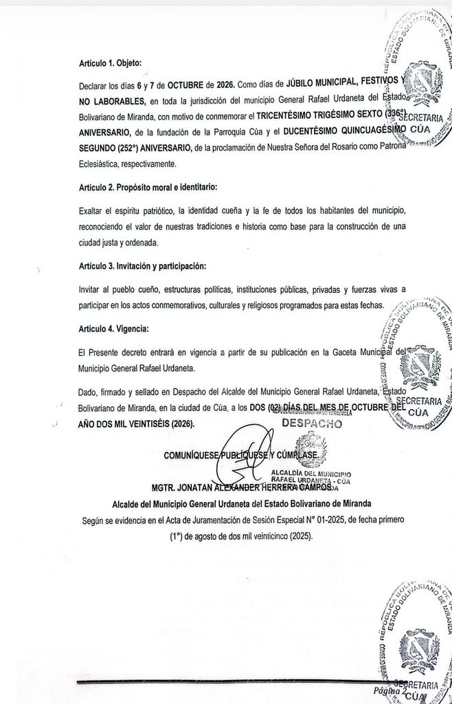 Gaceta Municipal del decreto N° 015-2026 que declara los días 6 y 7 de octubre como no laborables en Cúa.